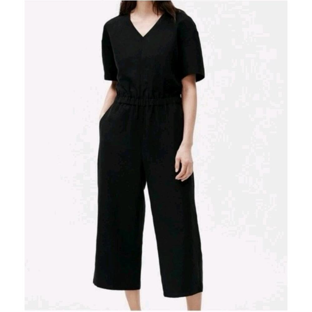 Eileen Fisher Womens Linen Blend Slub Jumpsuit Black Wide Leg Cropped Large New